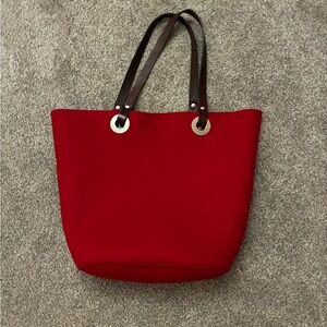 Red Tote Bag with Brown Handles